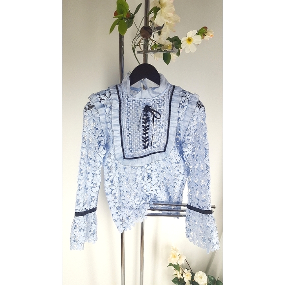 Roselani💙Blue Ruffle Crochet Top W/Long Sleeve - Picture 5 of 10